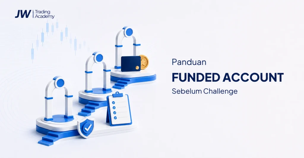 Panduan funded account sebelum challenge dengan tahapan evaluasi dan logo JW Trading Academy