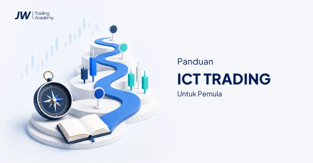 Panduan ICT trading untuk pemula dengan roadmap belajar dan logo JW Trading Academy