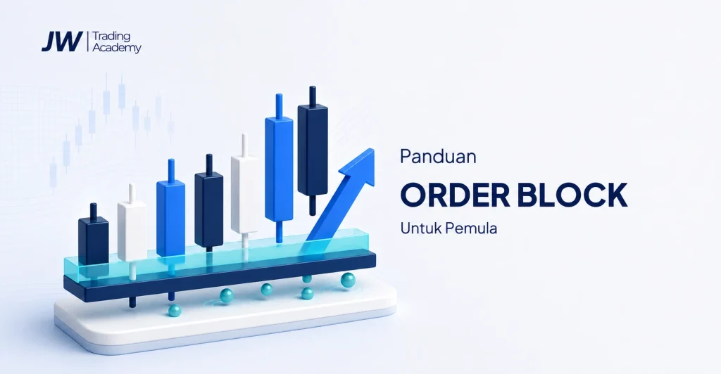 Panduan Order Block untuk pemula dengan zona harga dan logo JW Trading Academy