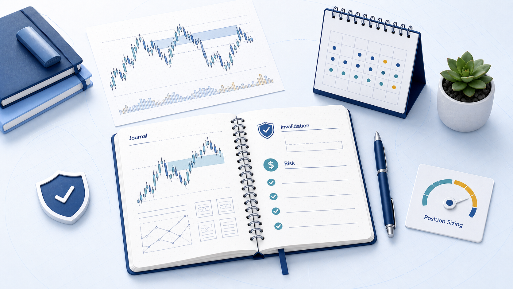 Ilustrasi jurnal trading, invalidation, position sizing, dan risk management untuk setup order block
