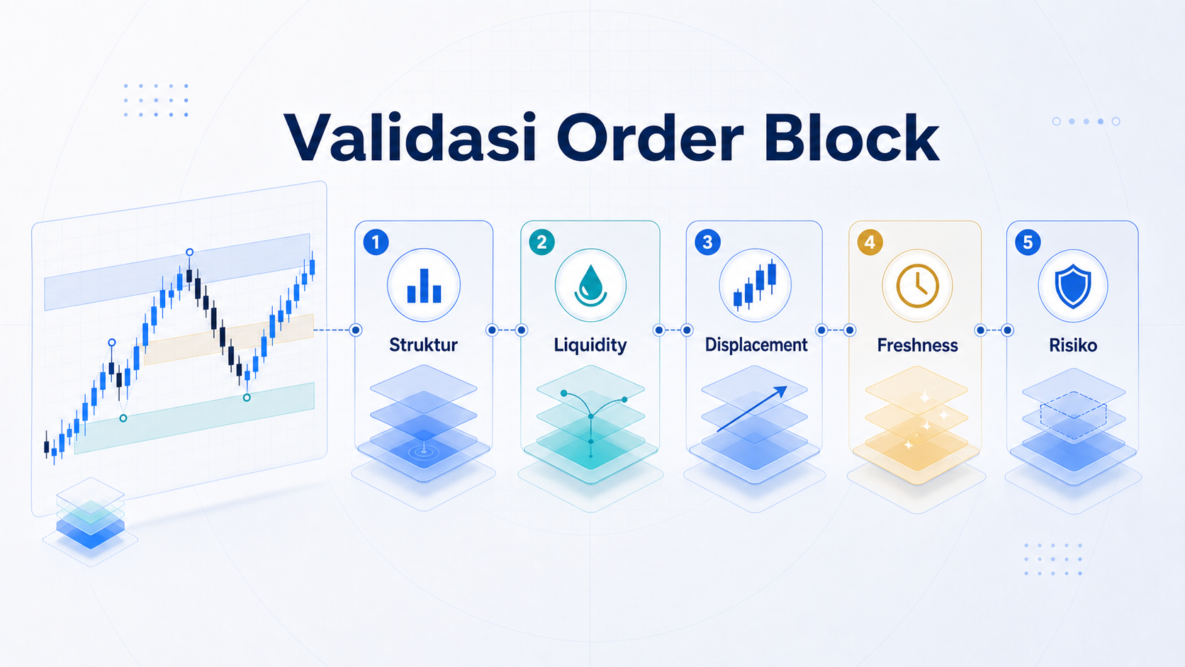 Infografik validasi order block berdasarkan struktur, liquidity, displacement, freshness, dan risiko
