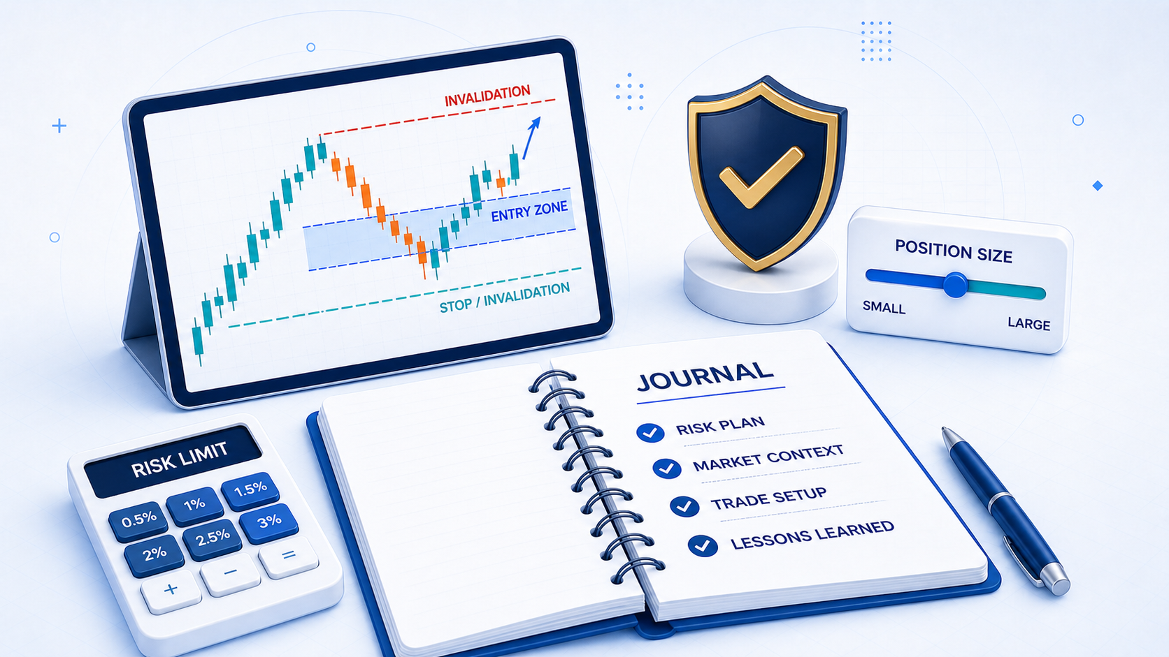 Ilustrasi risk management, invalidation, position sizing, dan jurnal untuk setup Smart Money Concept