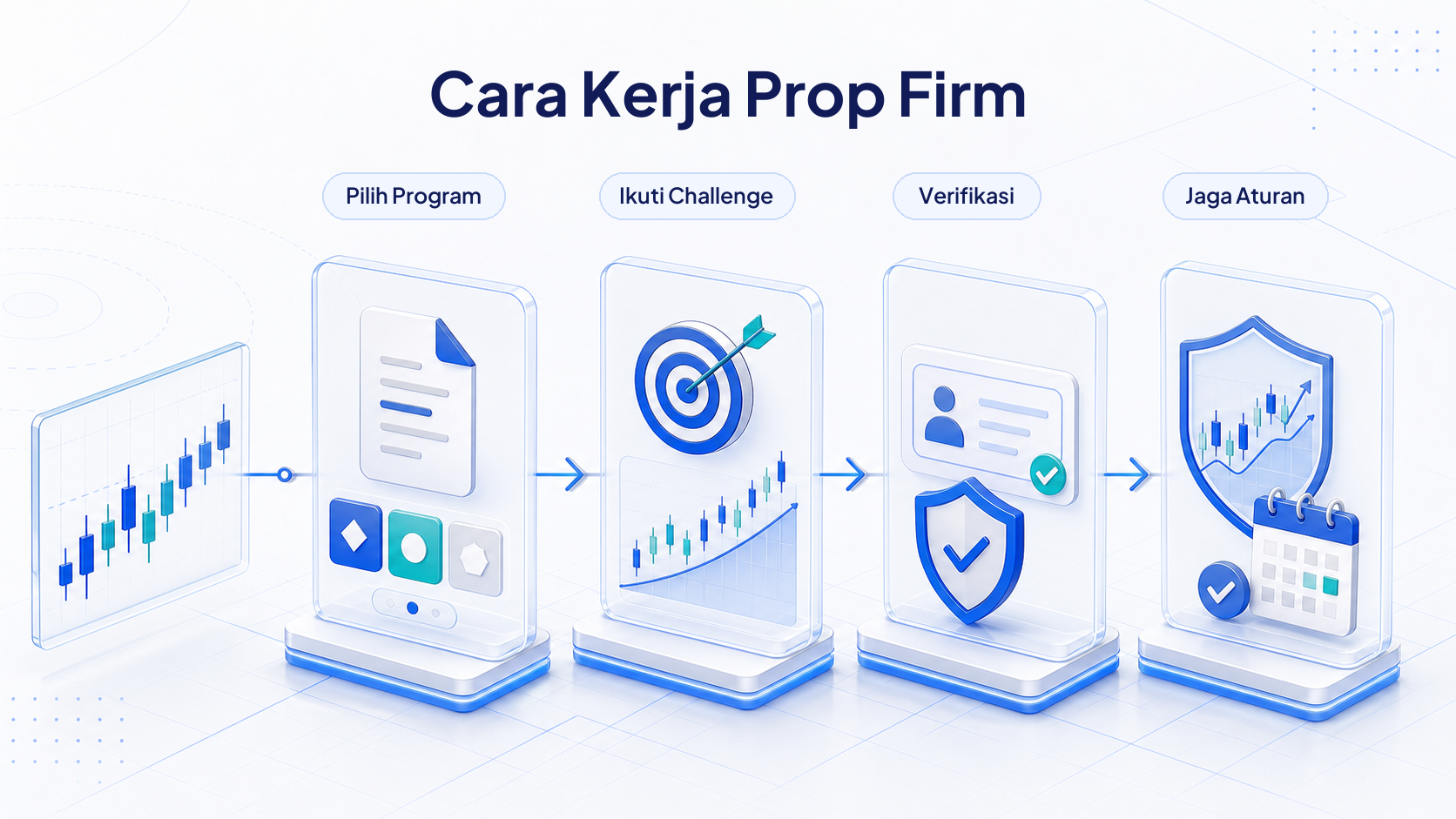 Empat tahap cara kerja prop firm dari memilih program hingga menjaga aturan akun