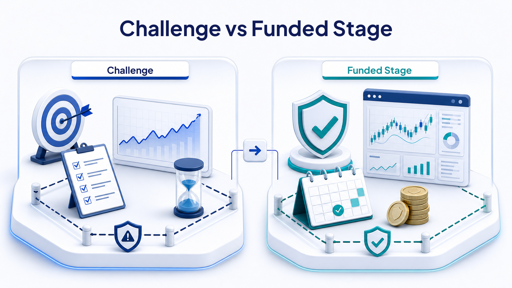 Perbandingan challenge dan funded stage dengan target, verifikasi, payout, dan batas risiko