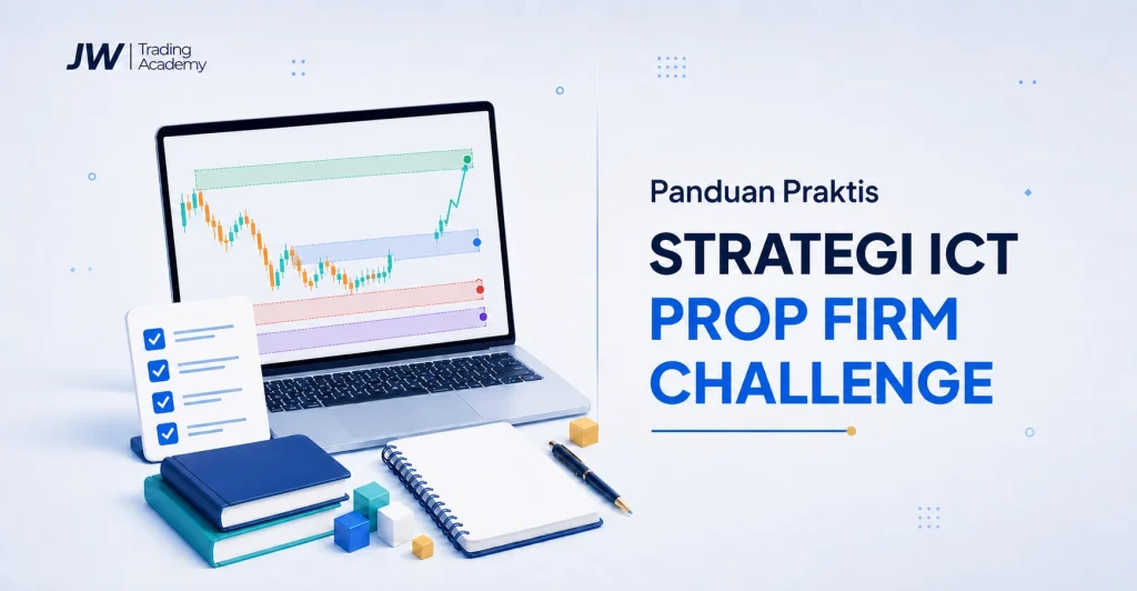 Panduan strategi ICT untuk prop firm challenge dengan chart risiko dan logo JW Trading Academy
