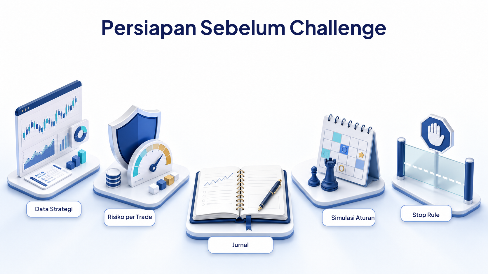 Persiapan challenge meliputi data strategi, risiko per trade, jurnal, simulasi aturan, dan stop rule