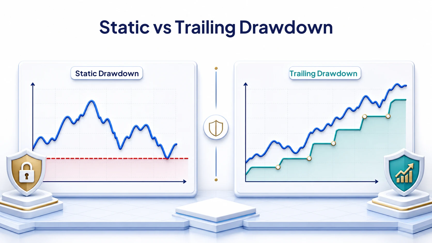 Diagram perbandingan batas static drawdown dan trailing drawdown pada akun prop firm